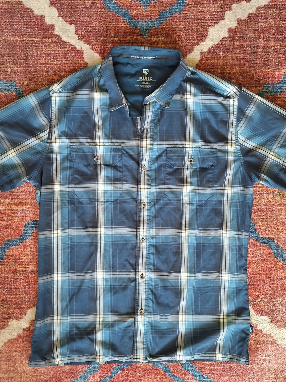Kuhl Men's Blue Plaid Short-Sleeve Button-Down Shirt Style #7153